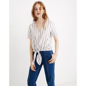 MADEWELL faux button shirt sleeve front tie linen cotton blend striped shirt